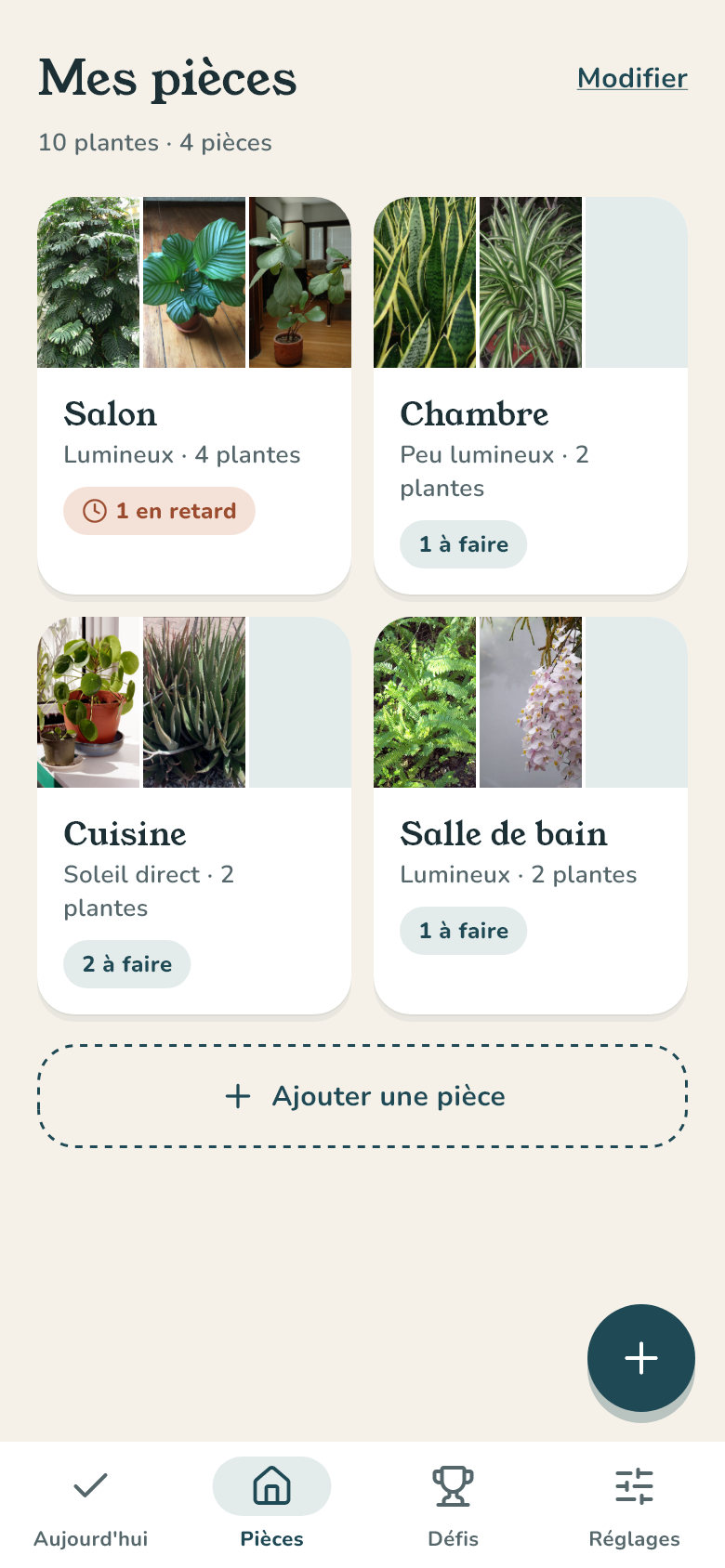 L'écran Mes pièces de l'app Xyléa